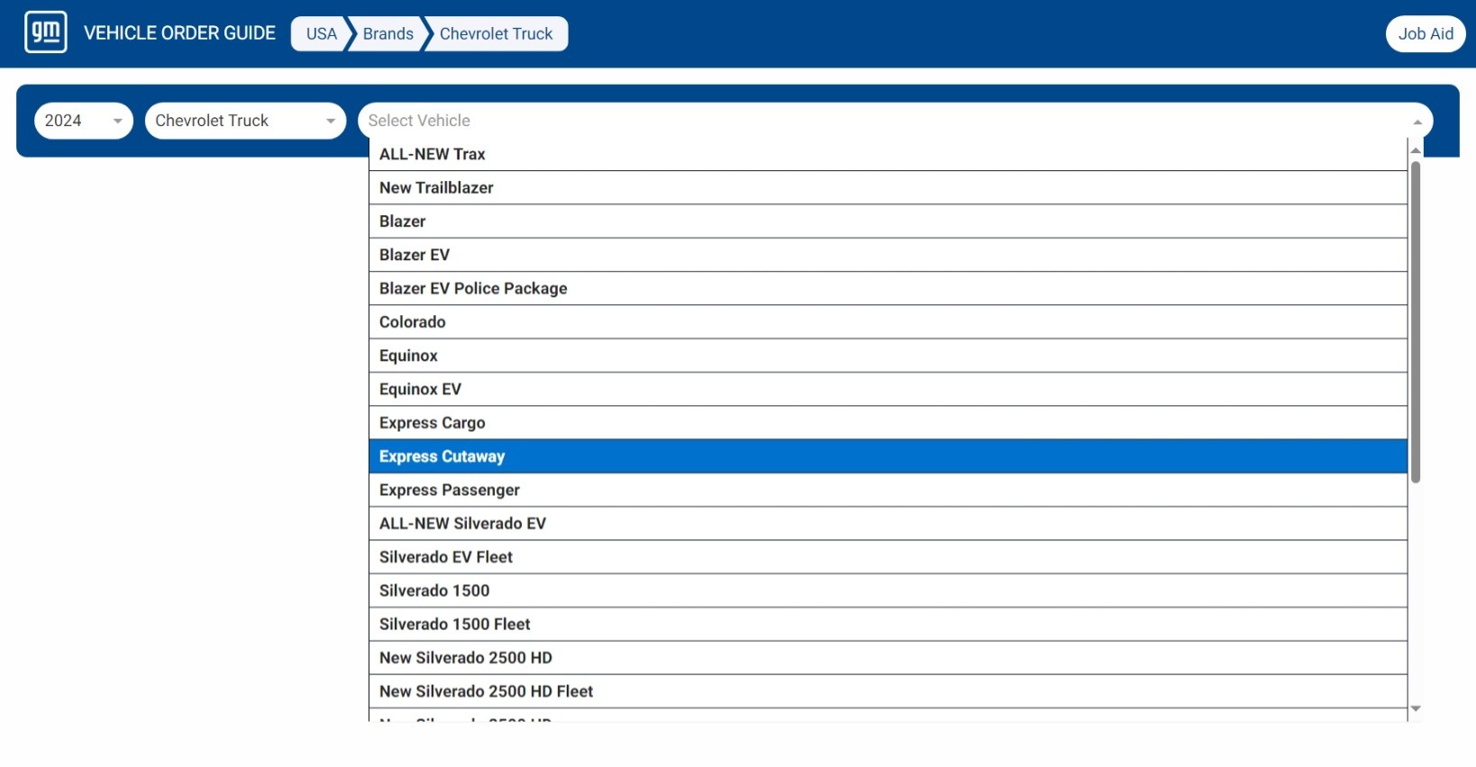 GM - Vehicle Order Guide - Vehicle Selection Dropdown