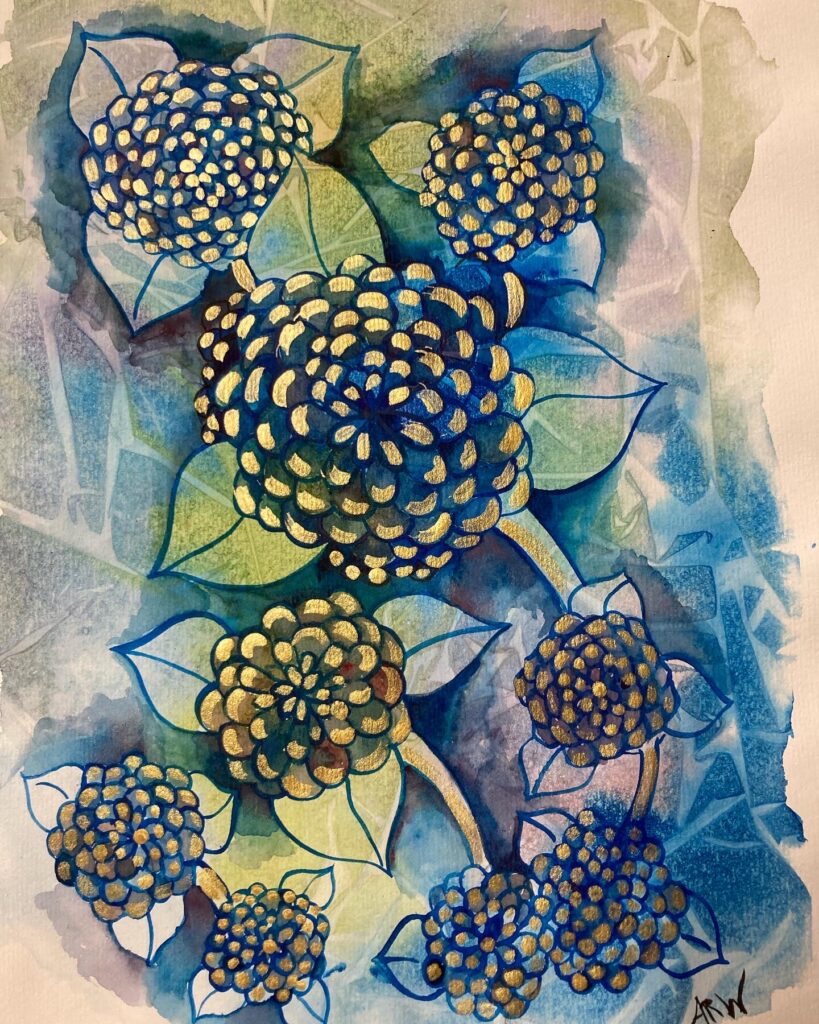 Blue Gold Dahlias - 9x12" Watercolor and Ink Pen