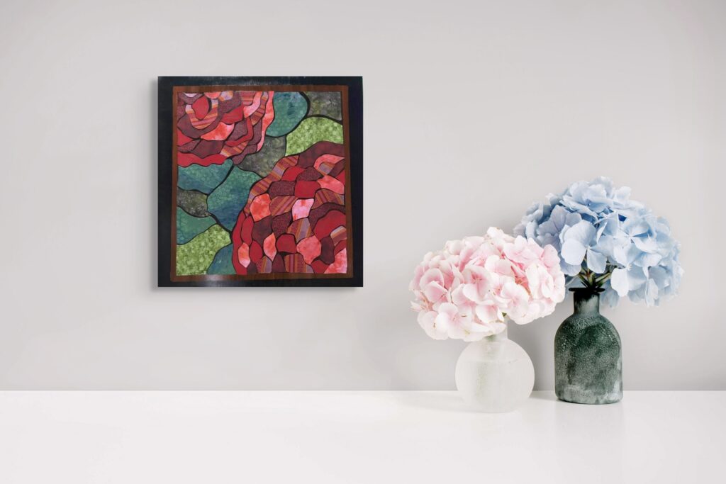 Two Carnations - 21"x20" Mixed Media on Hardwood - Textile, Art Paper, Acrylic and Glaze